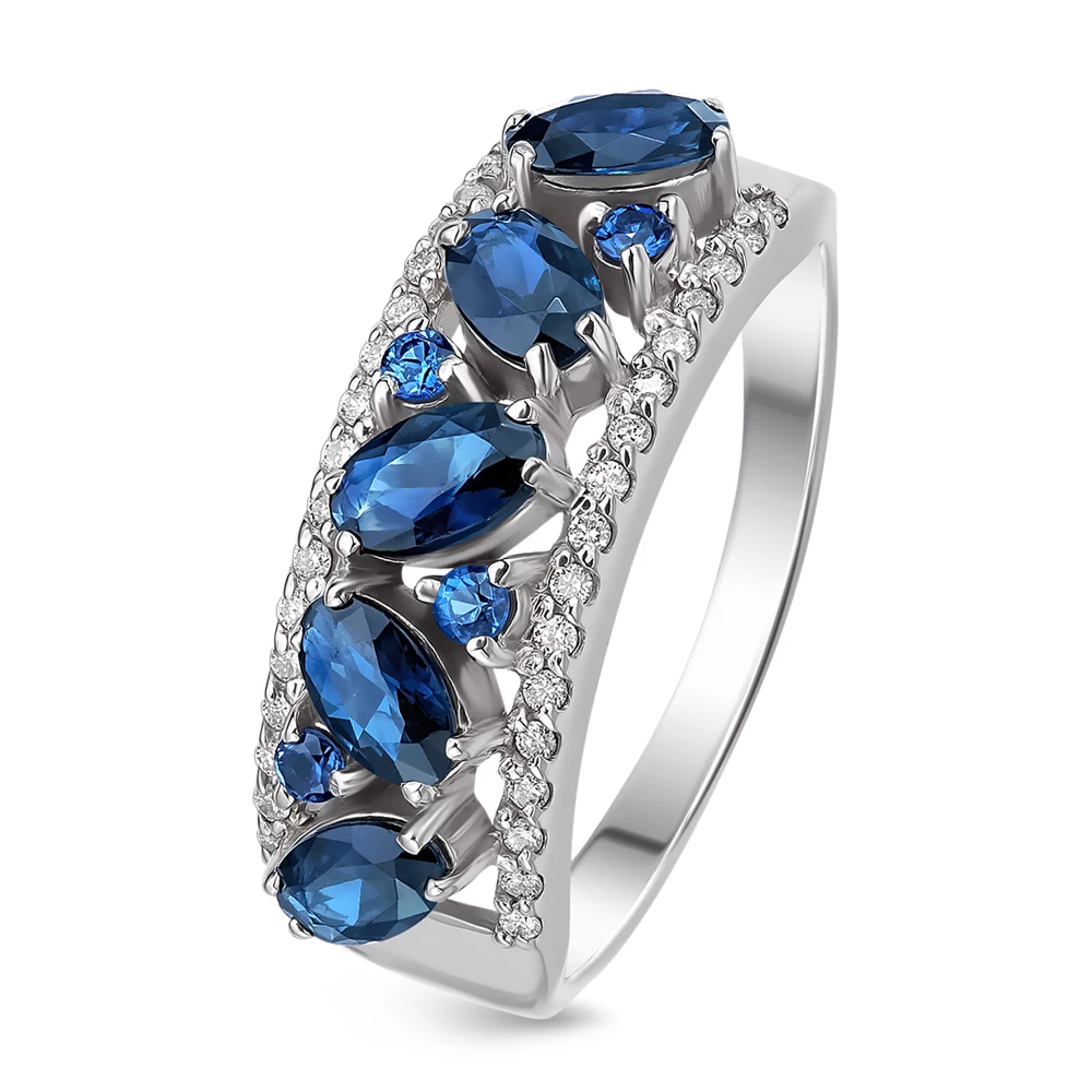 Кольцо с сапфирами и бриллиантами из белого золота 585 пробы