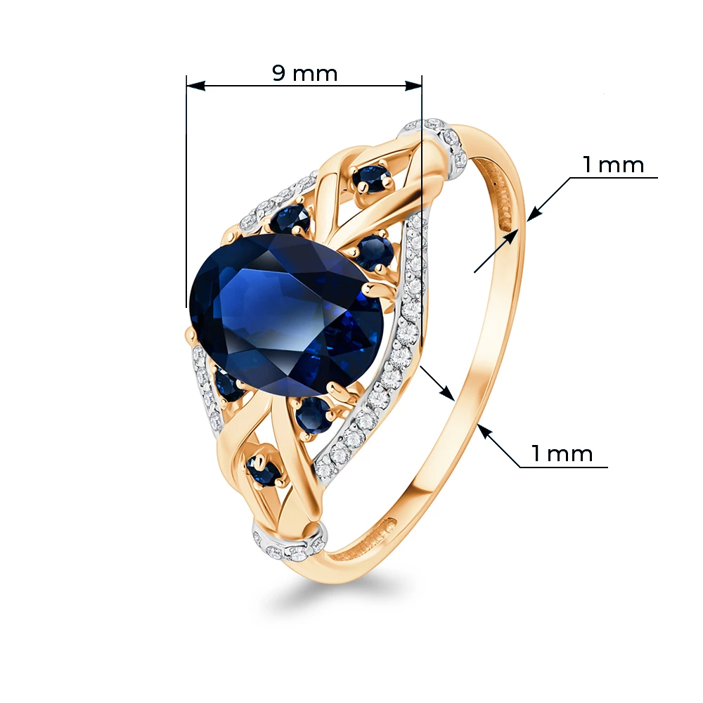 Кольцо с сапфиром синтетическим и бриллиантами из красного золота 585 пробы Кольцо с сапфиром синтетическим и бриллиантами из красного золота 585 пробы