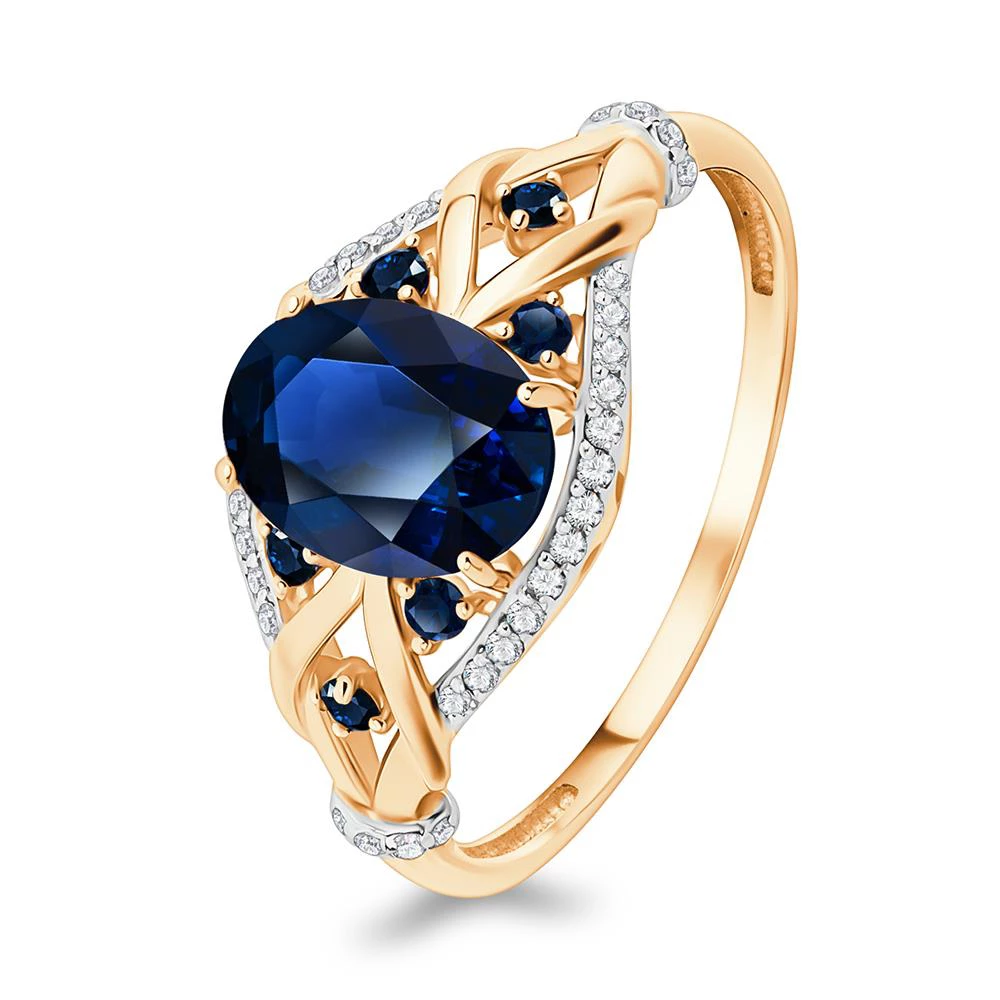 Кольцо с сапфиром синтетическим и бриллиантами из красного золота 585 пробы Кольцо с сапфиром синтетическим и бриллиантами из красного золота 585 пробы