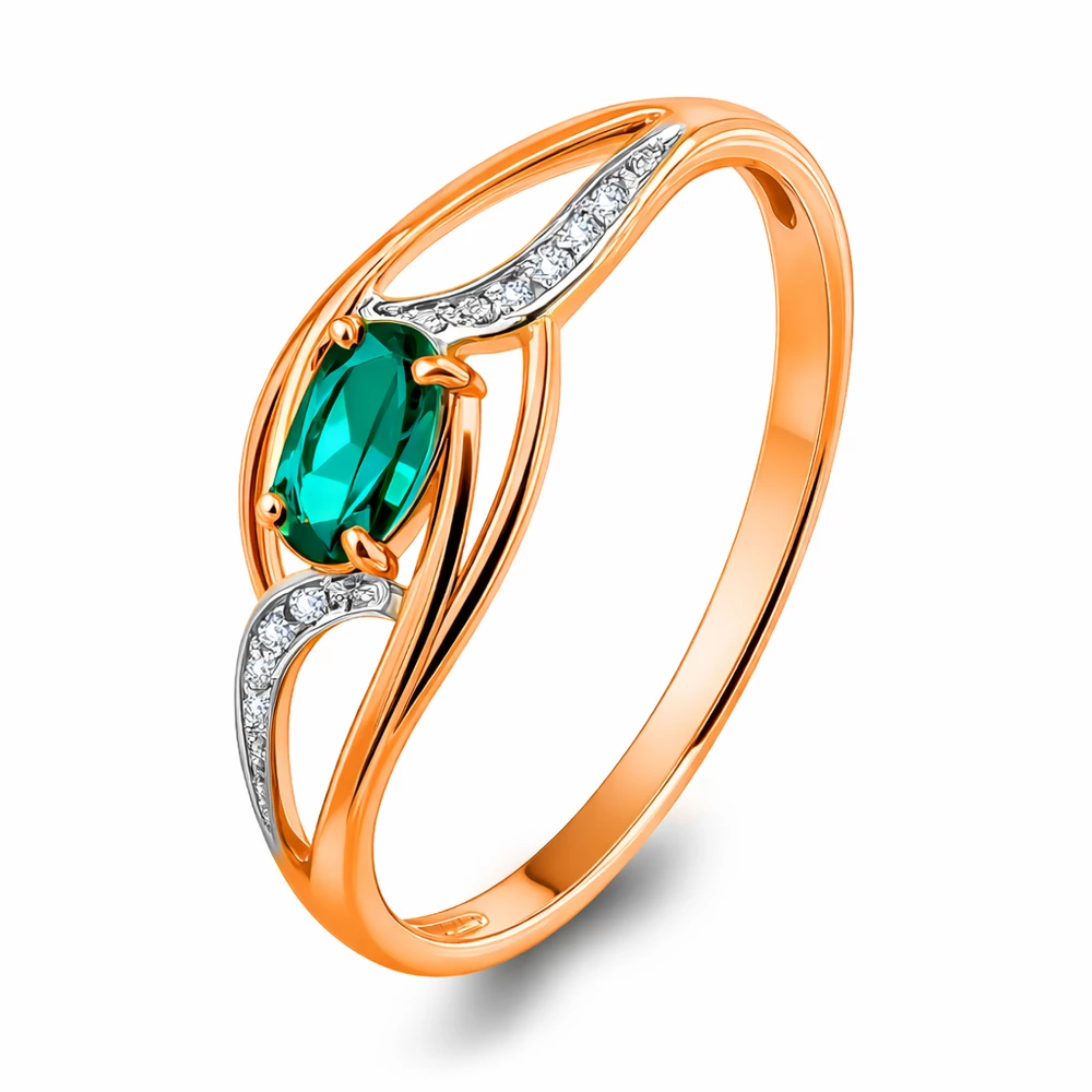 Кольцо с гидротермальным изумрудом и бриллиантами из красного золота 585 пробы
