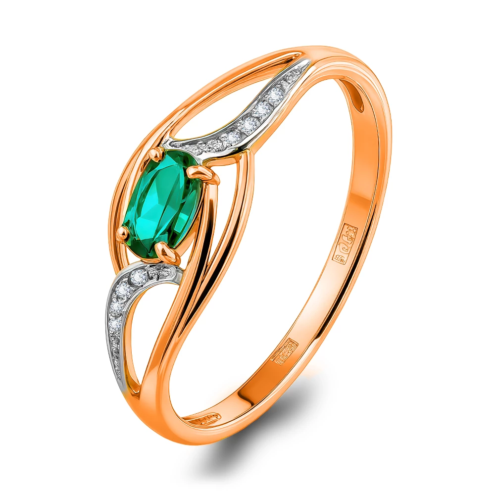 Кольцо с гидротермальным изумрудом и бриллиантами из красного золота 585 пробы