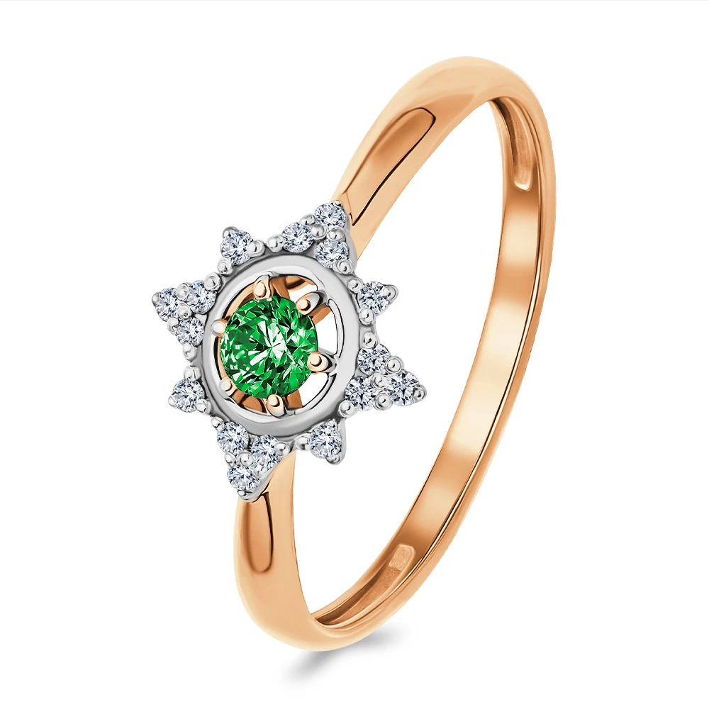 Кольцо с гидротермальным изумрудом и бриллиантами из красного золота 585 пробы 1