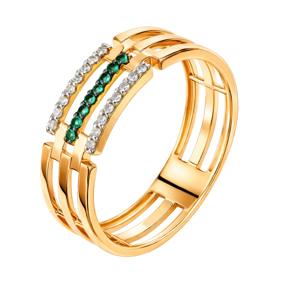 Кольцо с изумрудом синтетическим и бриллиантами из красного золота 585 пробы