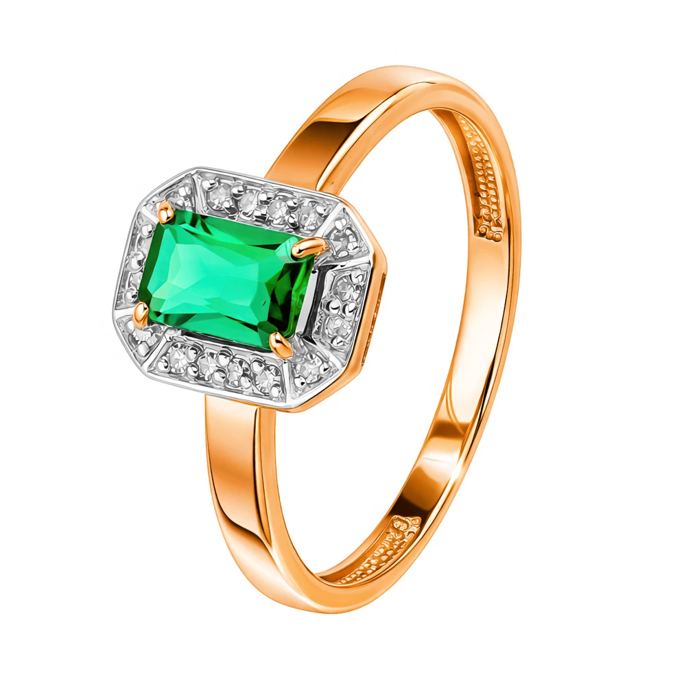 Кольцо с изумрудом синтетическим и бриллиантами из красного золота 585 пробы