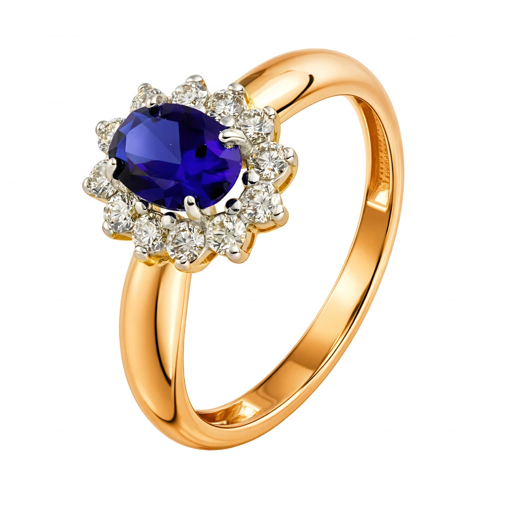 Кольцо с сапфиром синтетическим и бриллиантами из красного золота 585 пробы Кольцо с сапфиром синтетическим и бриллиантами из красного золота 585 пробы