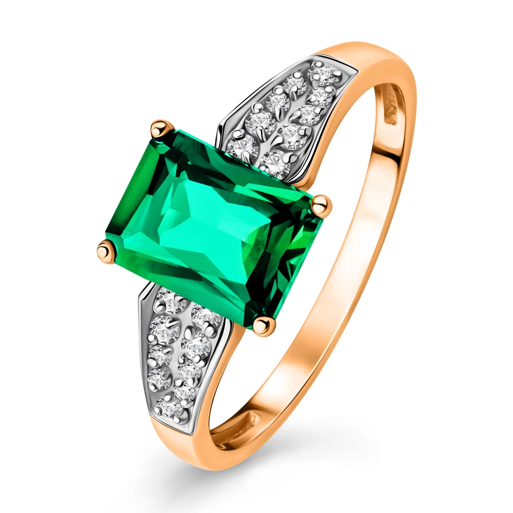 Кольцо с гидротермальным изумрудом и бриллиантами из красного золота 585 пробы