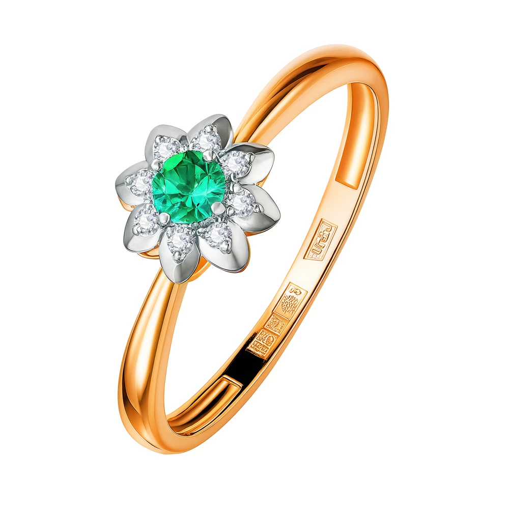 Кольцо с гидротермальным изумрудом и бриллиантами из красного золота 585 пробы