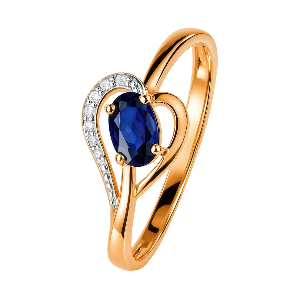 Кольцо с сапфиром синтетическим и бриллиантами из красного золота 585 пробы