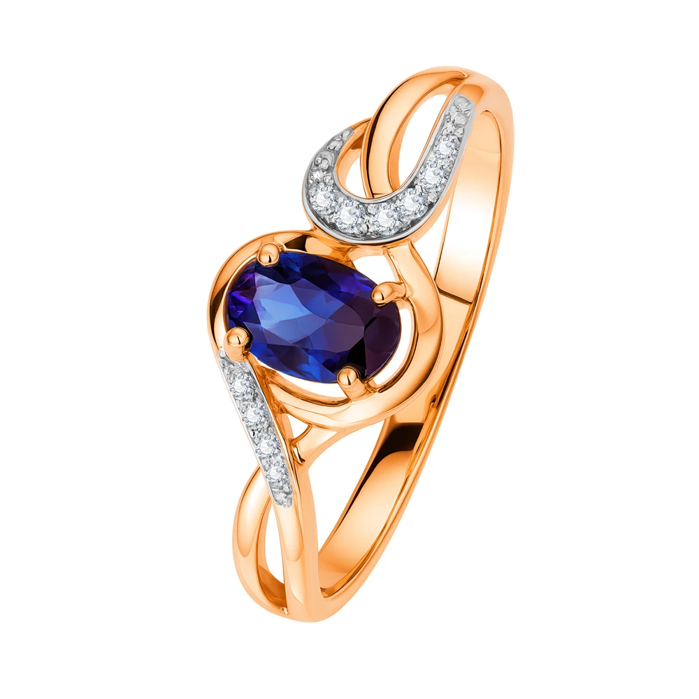 Кольцо с сапфиром синтетическим и бриллиантами из красного золота 585 пробы