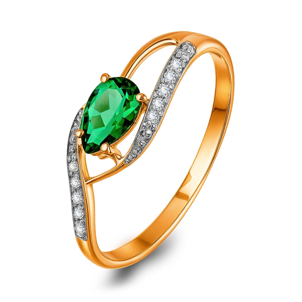 Кольцо с гидротермальным изумрудом и бриллиантами из красного золота 585 пробы Кольцо с гидротермальным изумрудом и бриллиантами из красного золота 585 пробы