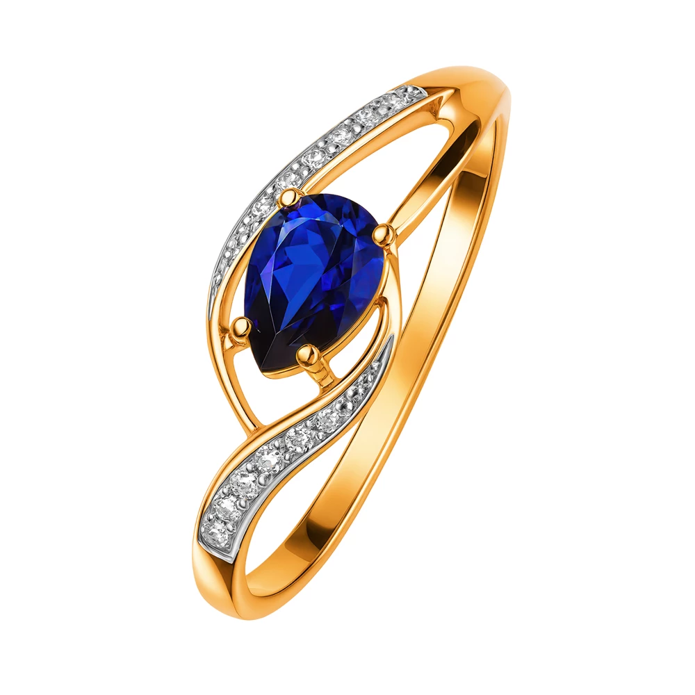 Кольцо с сапфиром синтетическим и бриллиантами из красного золота 585 пробы Кольцо с сапфиром синтетическим и бриллиантами из красного золота 585 пробы