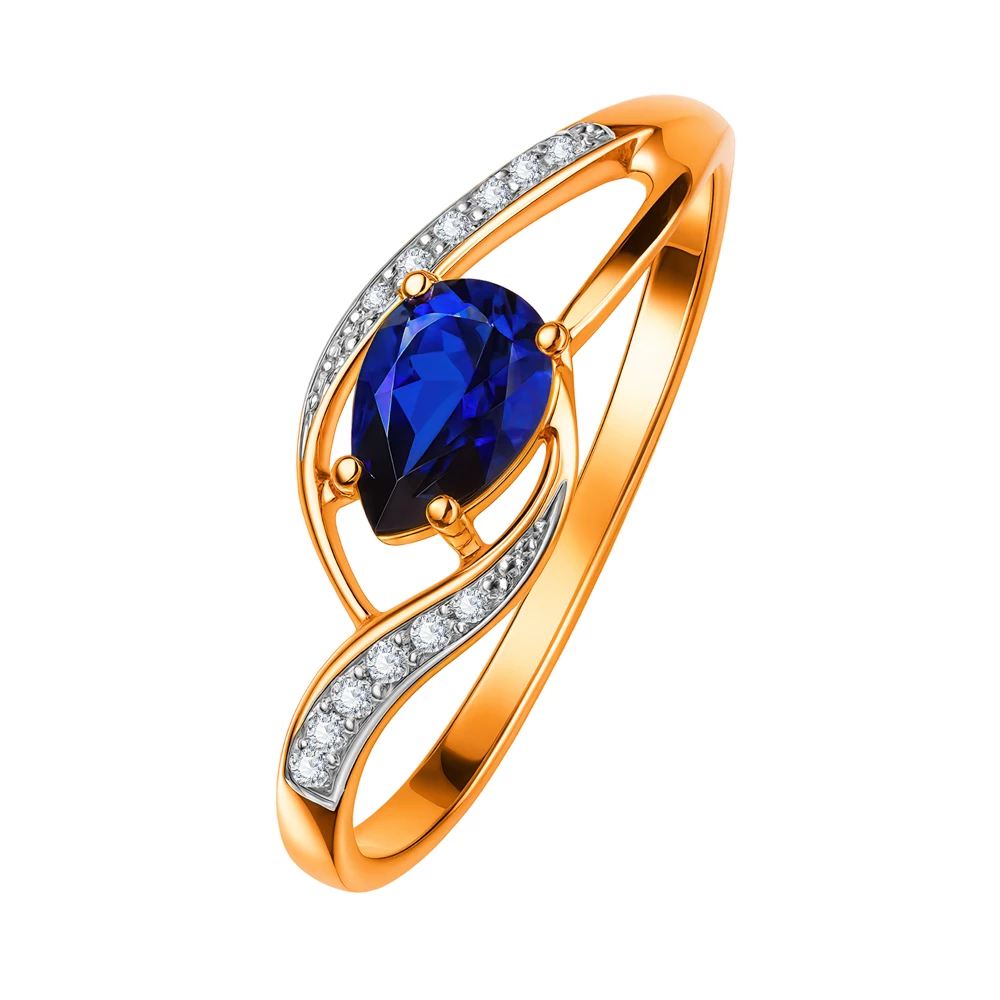 Кольцо с сапфиром синтетическим и бриллиантами из красного золота 585 пробы