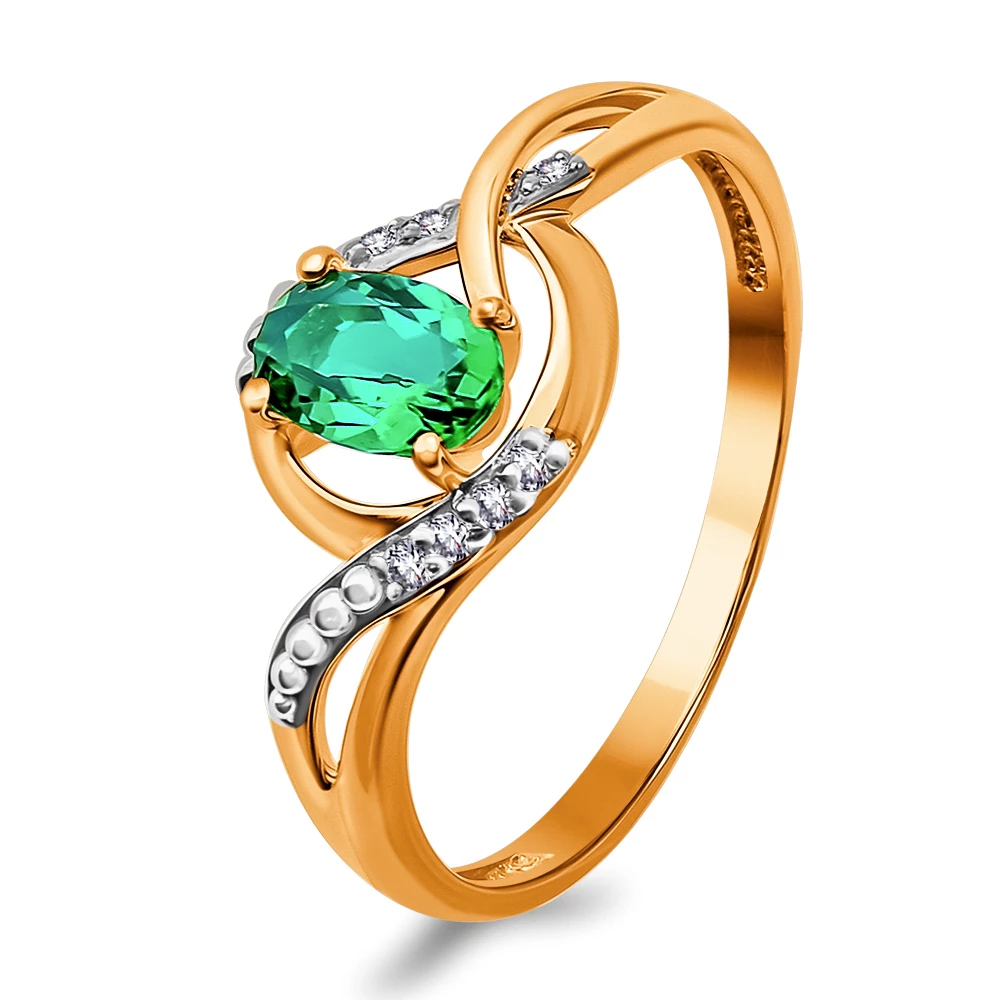 Кольцо с гидротермальным изумрудом и бриллиантами из красного золота 585 пробы
