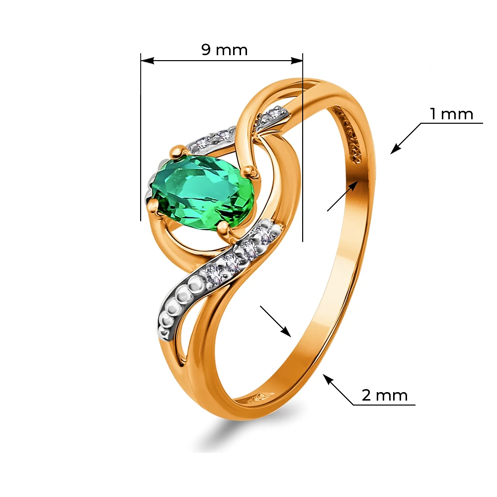 Кольцо с гидротермальным изумрудом и бриллиантами из красного золота 585 пробы