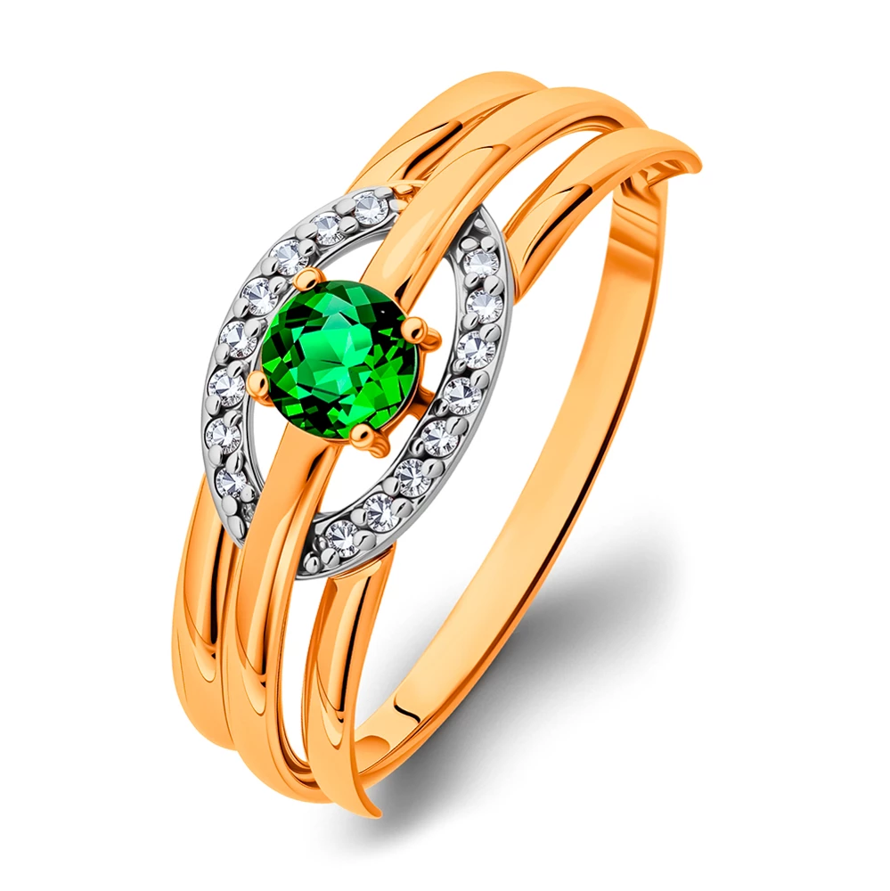 Кольцо с гидротермальным изумрудом и бриллиантами из красного золота 585 пробы