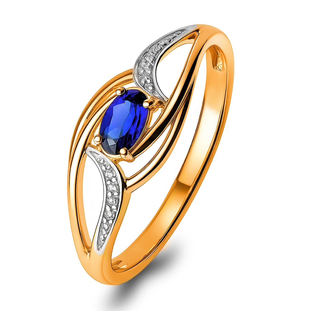 Кольцо с сапфиром синтетическим и бриллиантами из красного золота 375 пробы