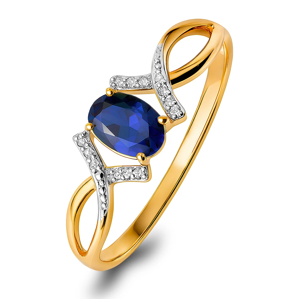 Кольцо с сапфиром синтетическим и бриллиантами из красного золота 375 пробы Кольцо с сапфиром синтетическим и бриллиантами из красного золота 375 пробы