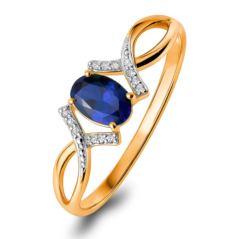 Кольцо с сапфиром синтетическим и бриллиантами из красного золота 375 пробы Кольцо с сапфиром синтетическим и бриллиантами из красного золота 375 пробы