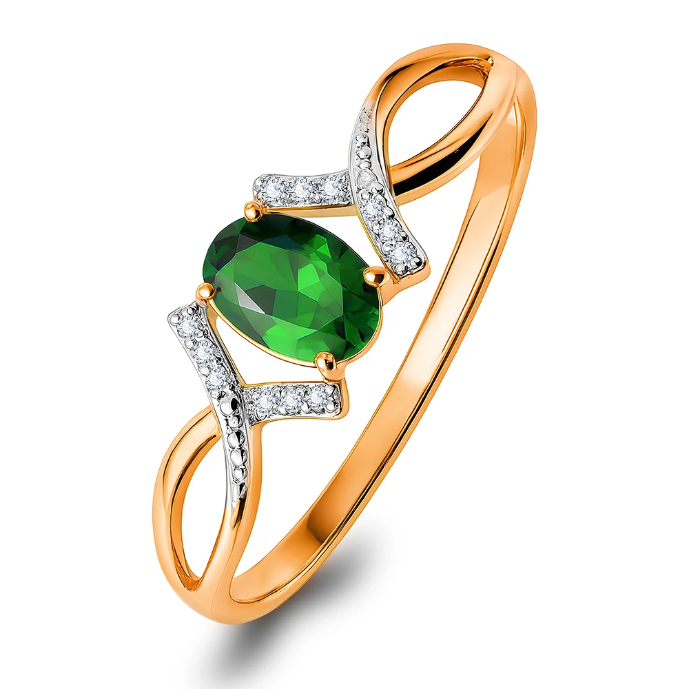 Кольцо с гидротермальным изумрудом и бриллиантами из красного золота 375 пробы