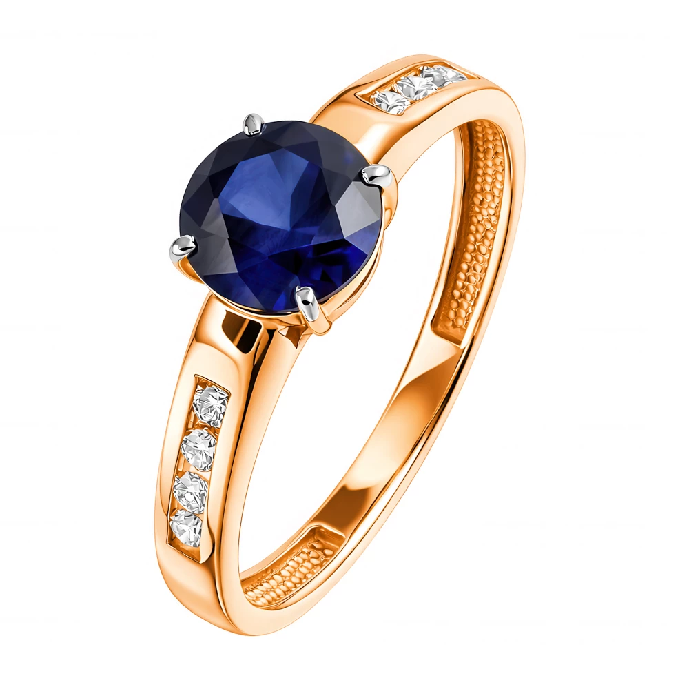 Кольцо с сапфиром синтетическим и бриллиантами из красного золота 375 пробы