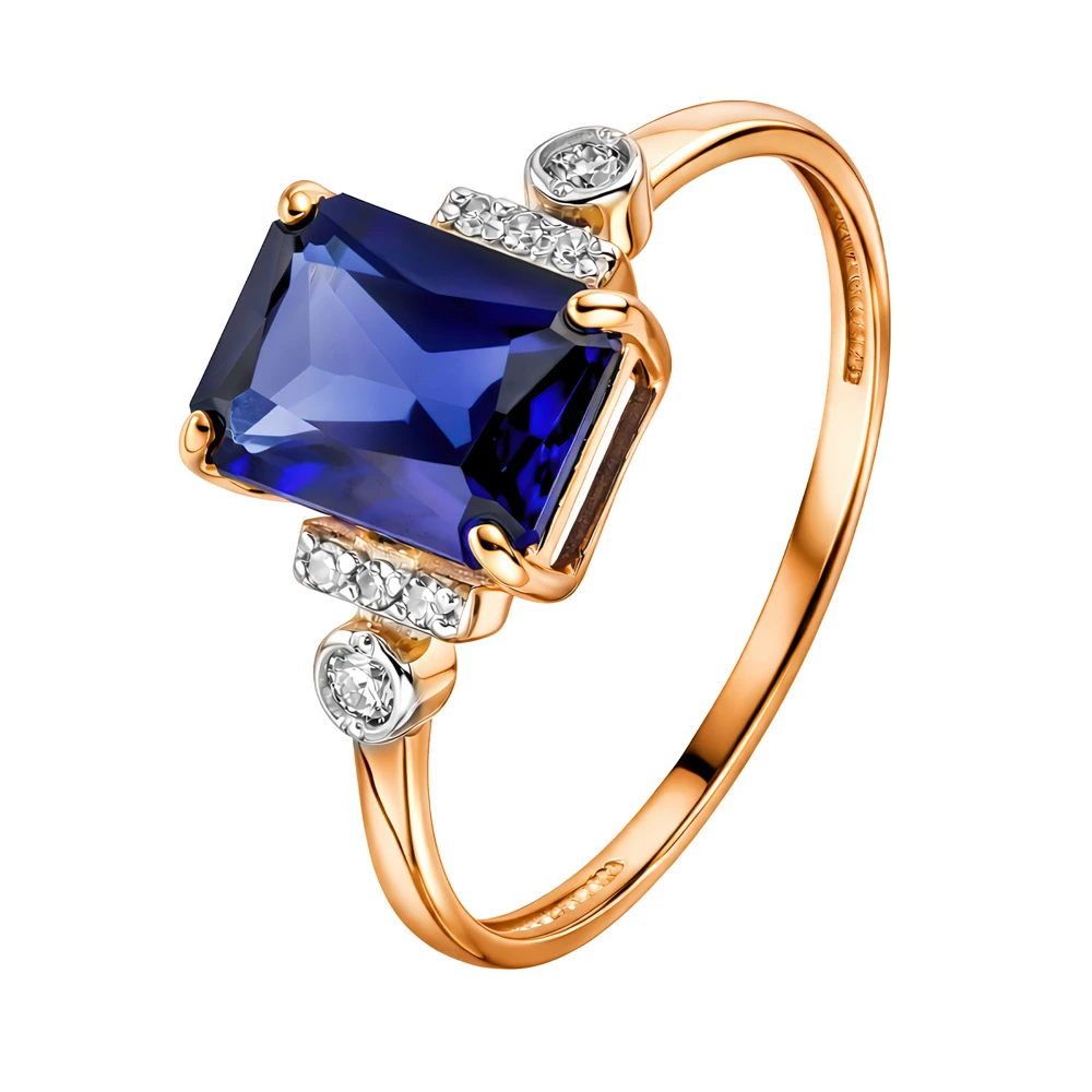 Кольцо с сапфиром синтетическим и бриллиантами из красного золота 375 пробы