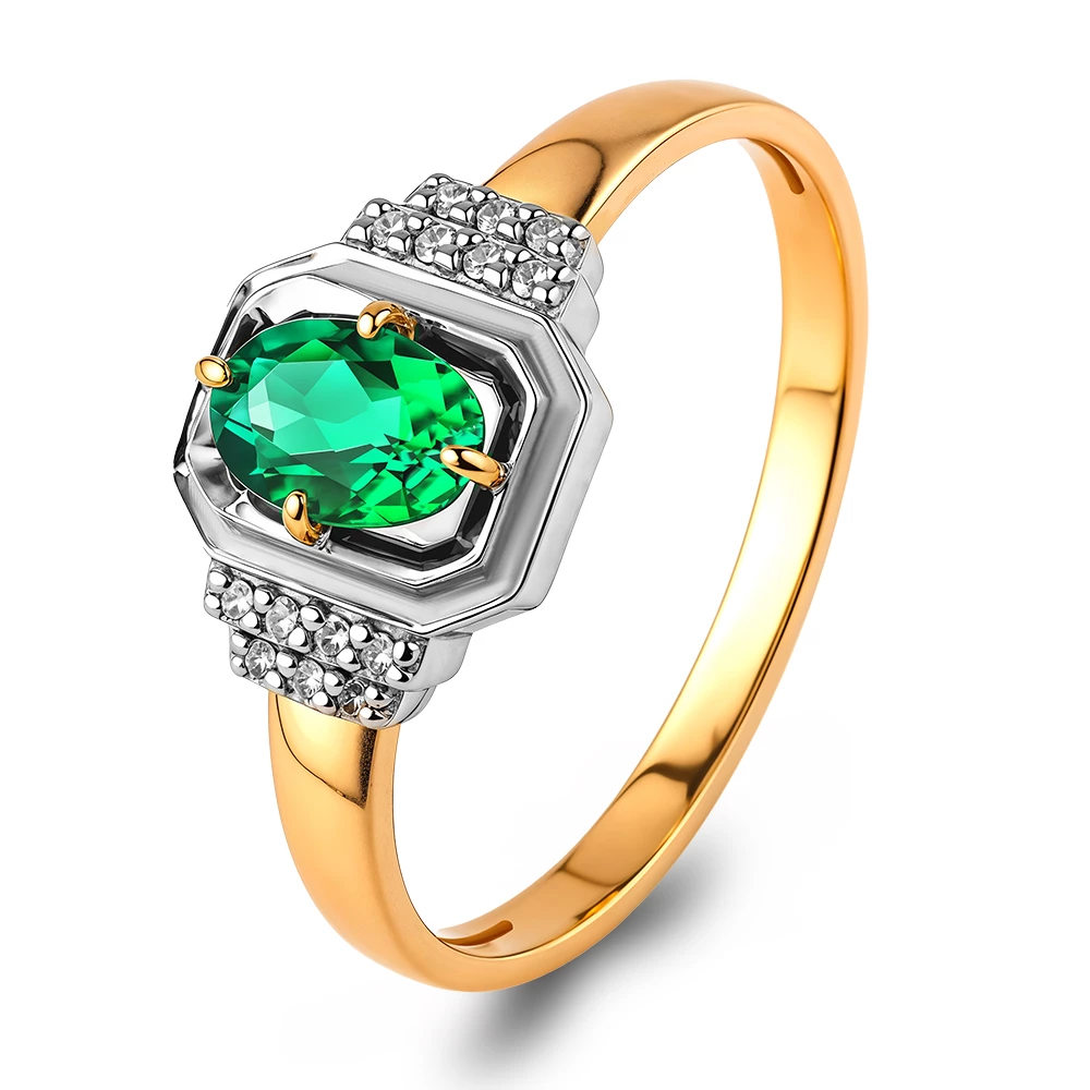 Кольцо с гидротермальным изумрудом и бриллиантами из красного золота 375 пробы Кольцо с гидротермальным изумрудом и бриллиантами из красного золота 375 пробы