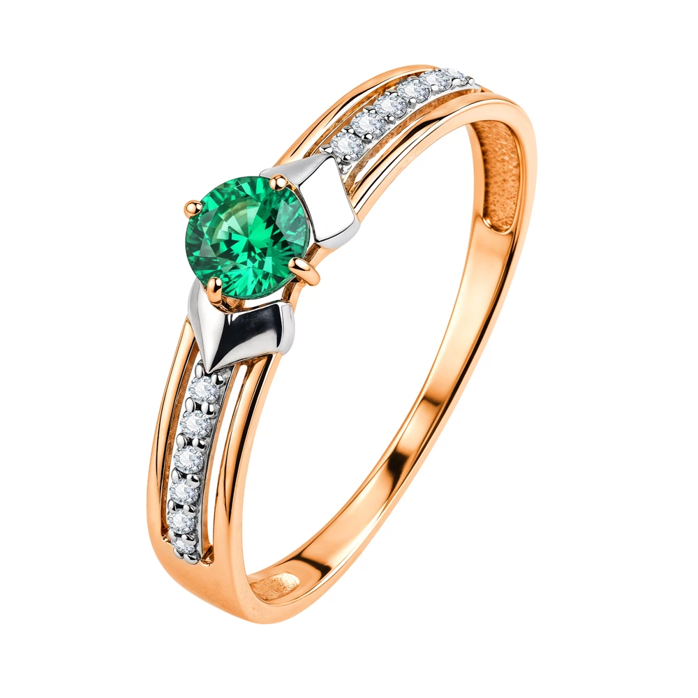 Кольцо с гидротермальным изумрудом и бриллиантами из красного золота 375 пробы