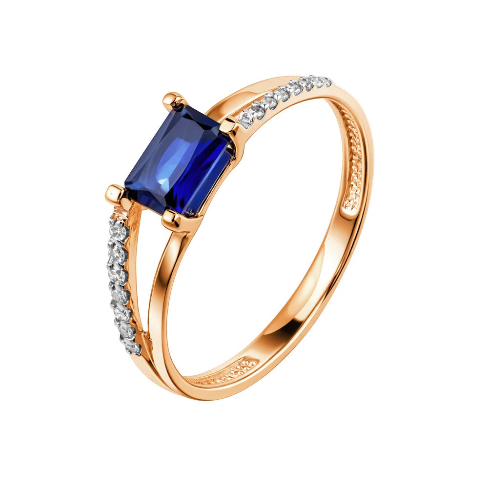 Кольцо с сапфиром синтетическим и бриллиантами из красного золота 375 пробы