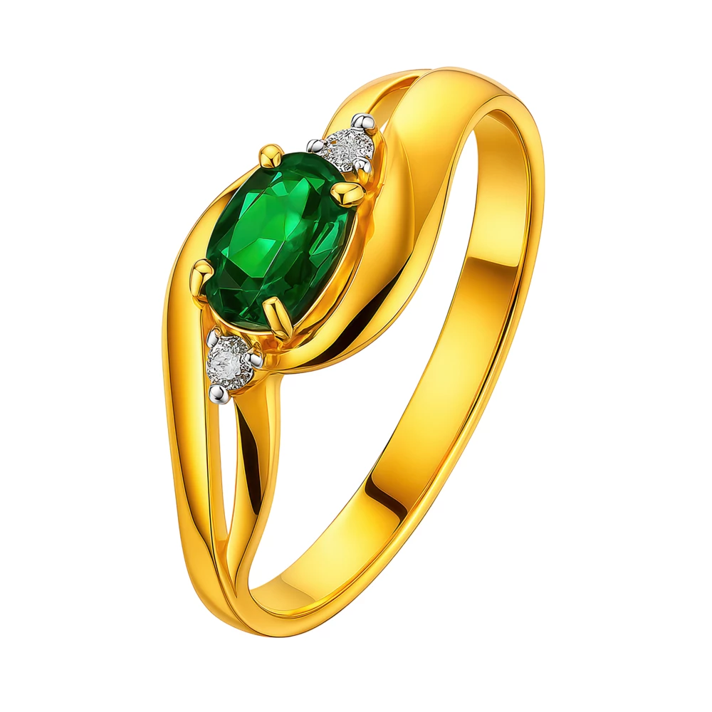 Кольцо с гидротермальным изумрудом и бриллиантами из красного золота 375 пробы Кольцо с гидротермальным изумрудом и бриллиантами из красного золота 375 пробы