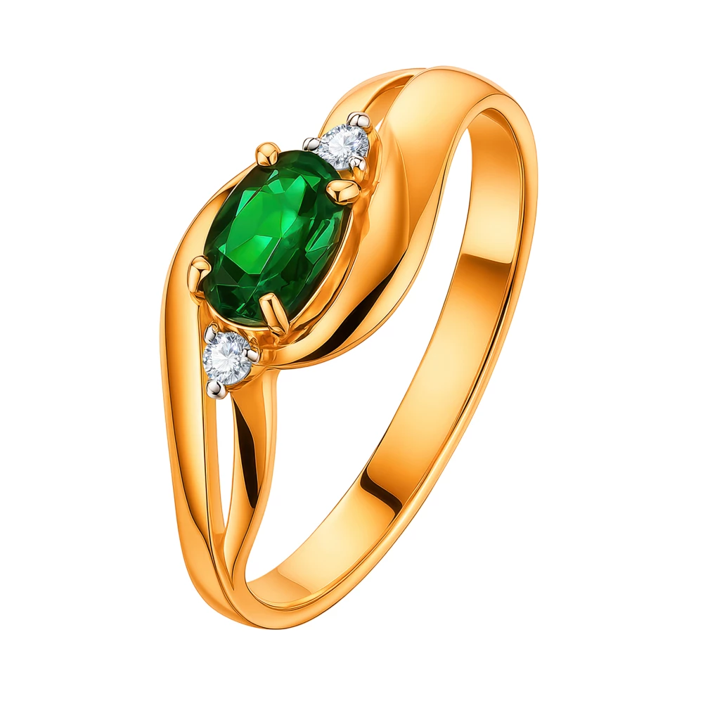 Кольцо с гидротермальным изумрудом и бриллиантами из красного золота 375 пробы