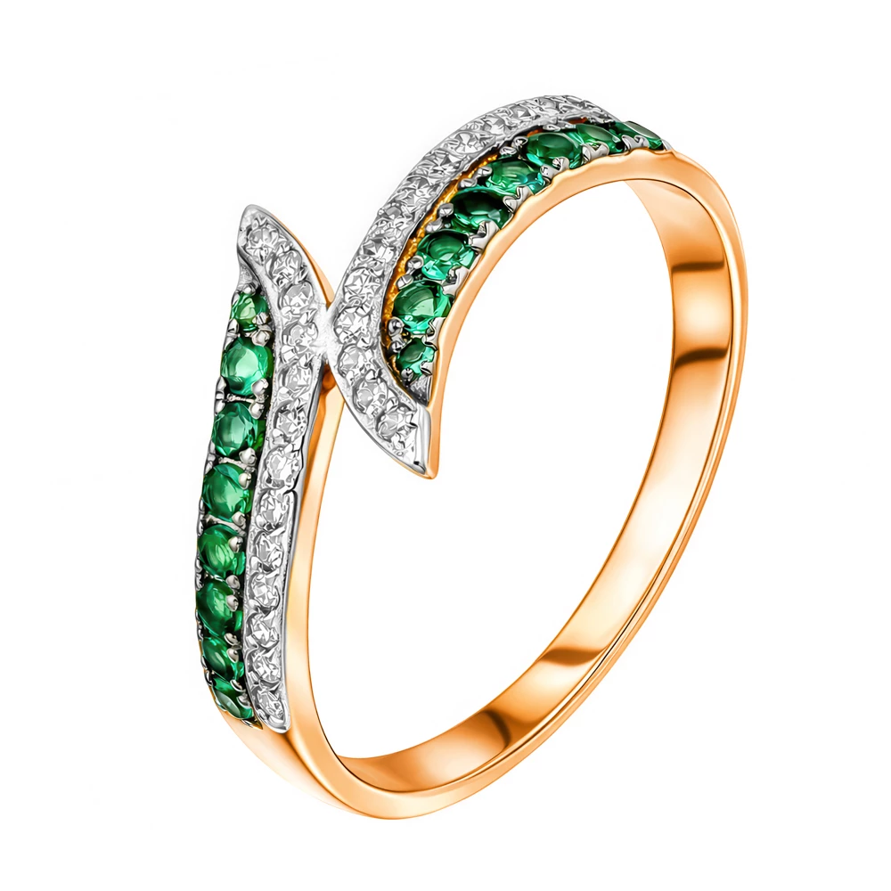 Кольцо с изумрудом синтетическим и бриллиантами из красного золота 585 пробы