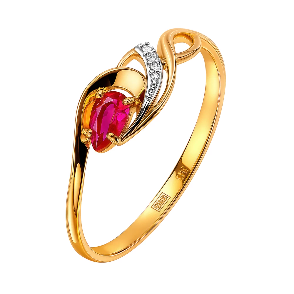 Кольцо с рубином синтетическим и бриллиантами из красного золота 375 пробы Кольцо с рубином синтетическим и бриллиантами из красного золота 375 пробы