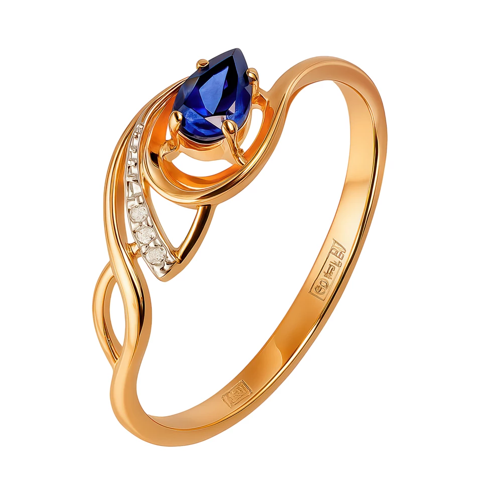 Кольцо с сапфиром синтетическим и бриллиантами из красного золота 375 пробы Кольцо с сапфиром синтетическим и бриллиантами из красного золота 375 пробы