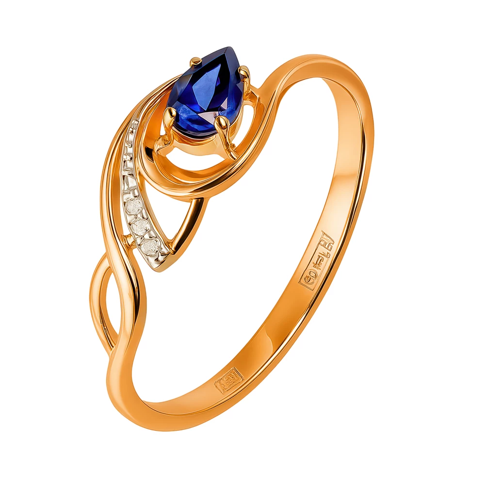 Кольцо с сапфиром синтетическим и бриллиантами из красного золота 375 пробы Кольцо с сапфиром синтетическим и бриллиантами из красного золота 375 пробы