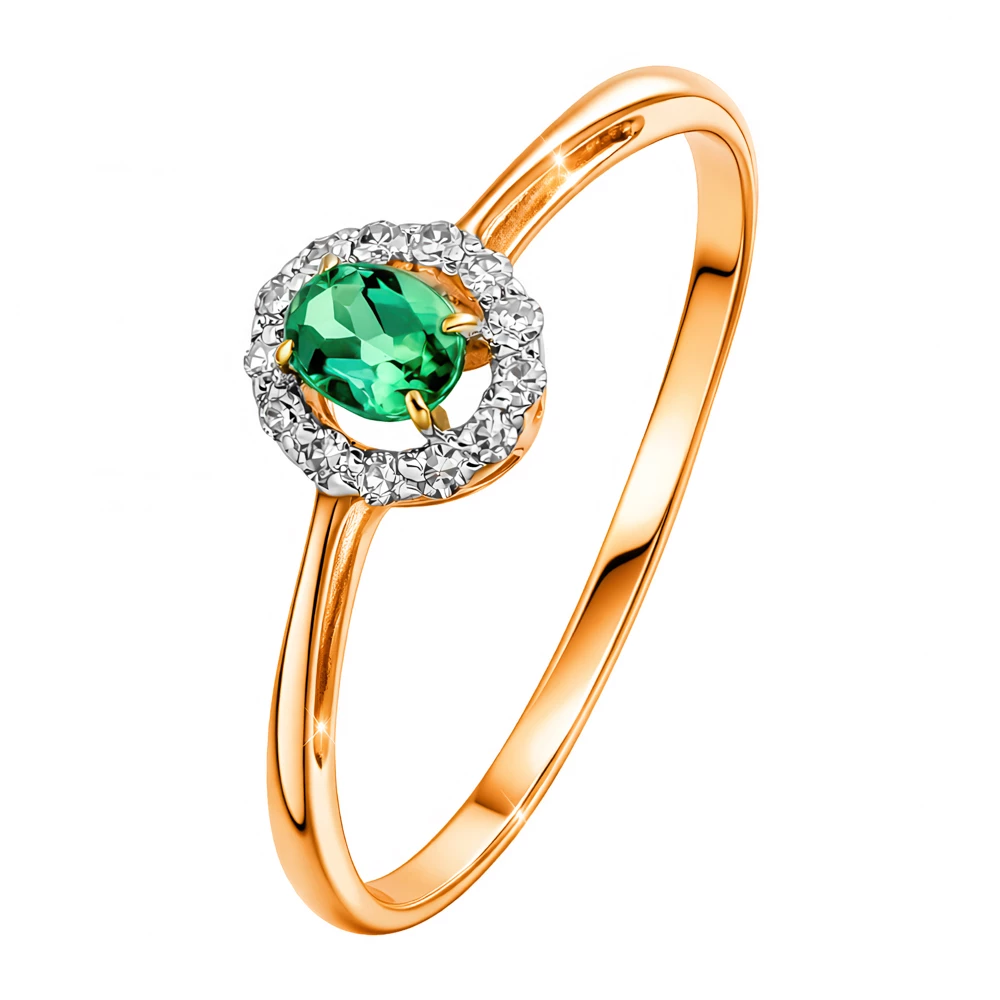 Кольцо с изумрудом синтетическим и бриллиантами из красного золота 375 пробы