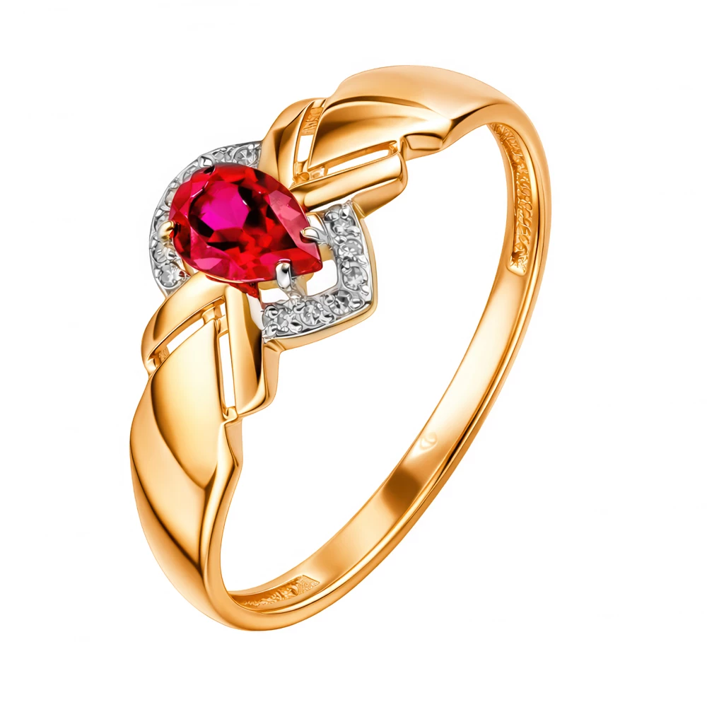 Кольцо с рубином синтетическим и бриллиантами из красного золота 375 пробы