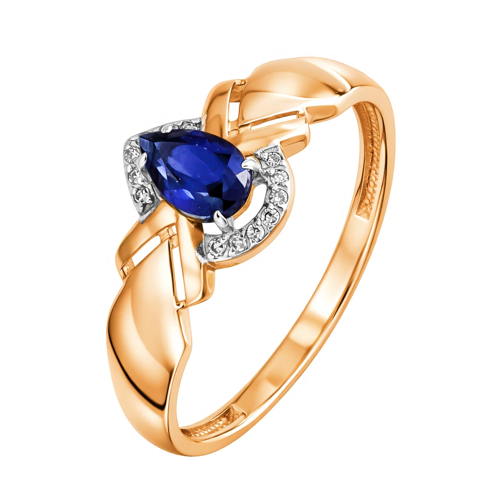 Кольцо с сапфиром синтетическим и бриллиантами из красного золота 375 пробы