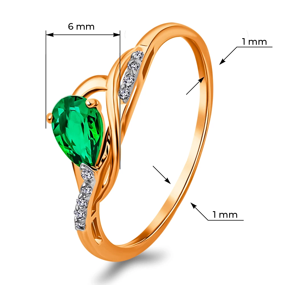 Кольцо с гидротермальным изумрудом и бриллиантами из красного золота 375 пробы