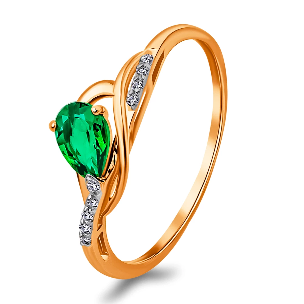 Кольцо с гидротермальным изумрудом и бриллиантами из красного золота 375 пробы