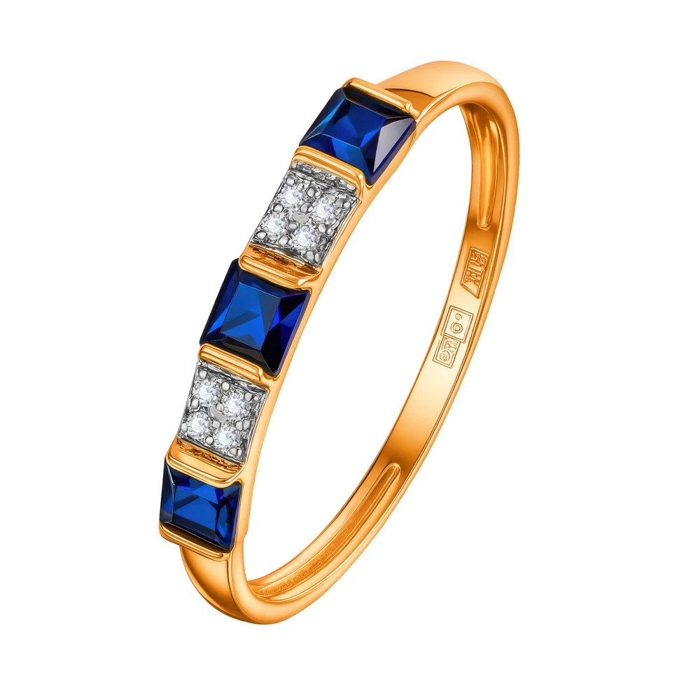 Кольцо с сапфиром синтетическим и бриллиантами из красного золота 585 пробы Кольцо с сапфиром синтетическим и бриллиантами из красного золота 585 пробы