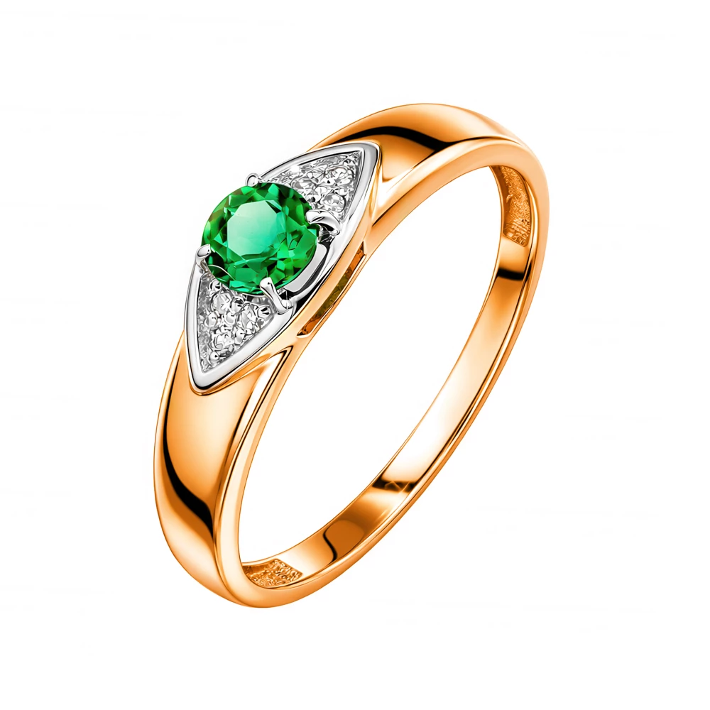 Кольцо с изумрудом синтетическим и бриллиантами из красного золота 585 пробы