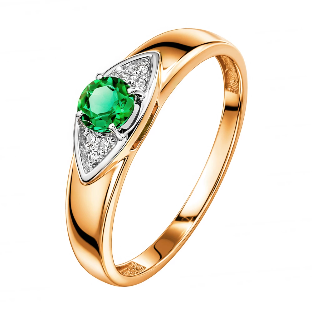 Кольцо с изумрудом синтетическим и бриллиантами из красного золота 585 пробы Кольцо с изумрудом синтетическим и бриллиантами из красного золота 585 пробы