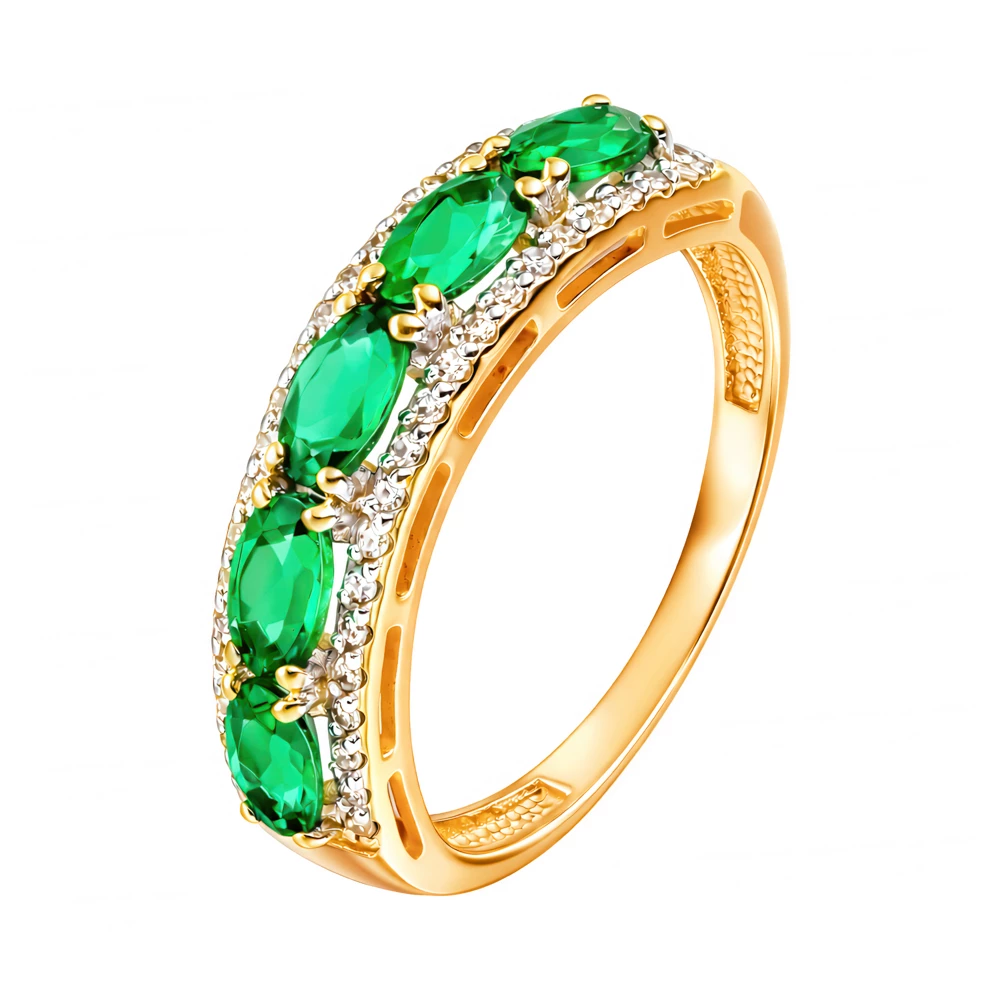 Кольцо с изумрудом синтетическим и бриллиантами из красного золота 585 пробы