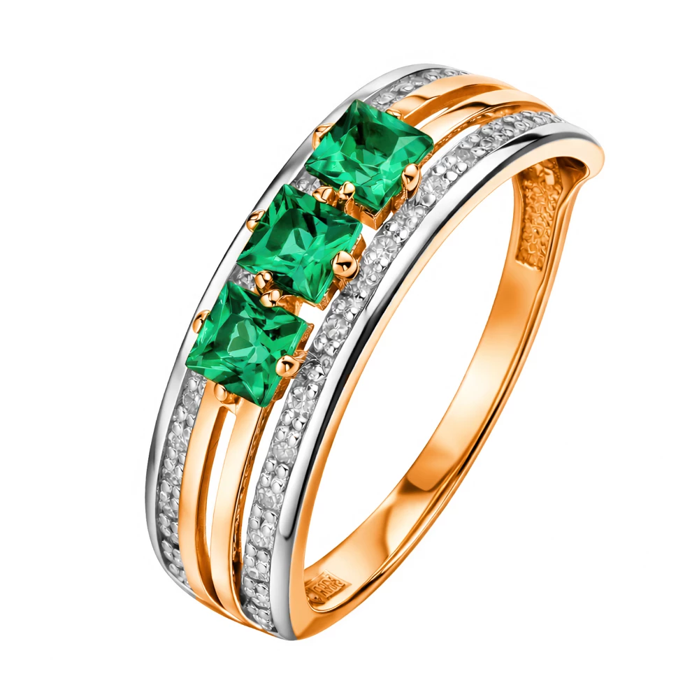 Кольцо с изумрудом синтетическим и бриллиантами из красного золота 585 пробы