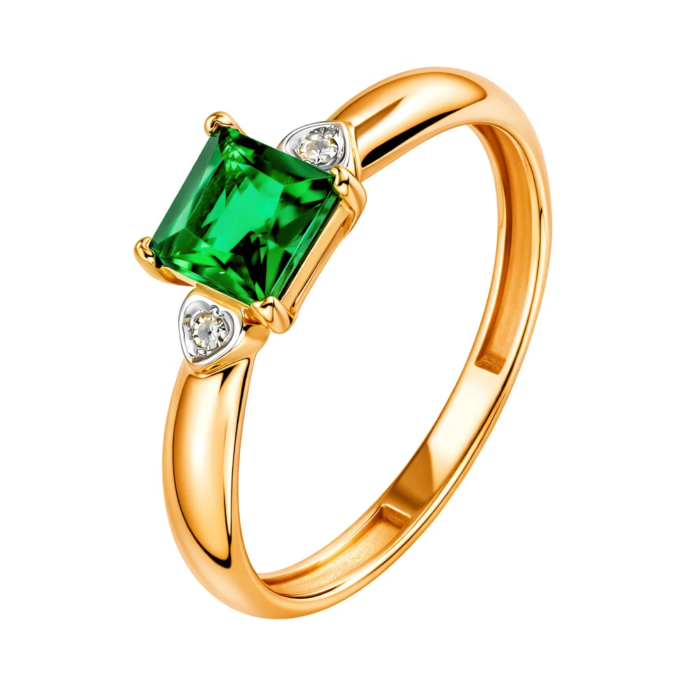 Кольцо с изумрудом синтетическим и бриллиантами из красного золота 585 пробы