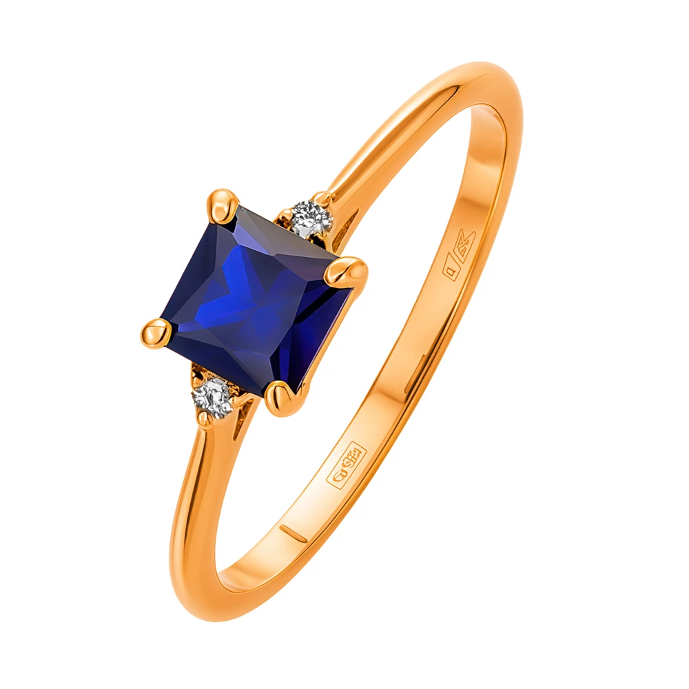 Кольцо с сапфиром синтетическим и бриллиантами из красного золота 585 пробы