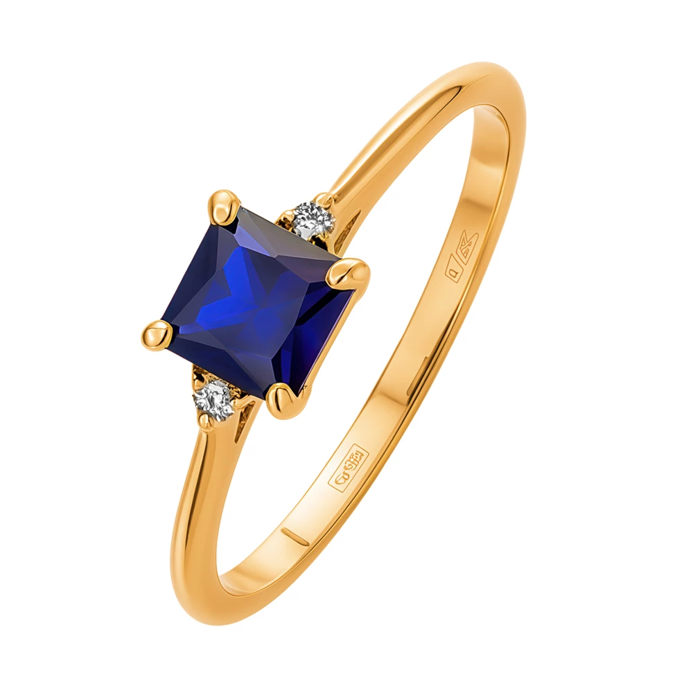 Кольцо с сапфиром синтетическим и бриллиантами из красного золота 585 пробы