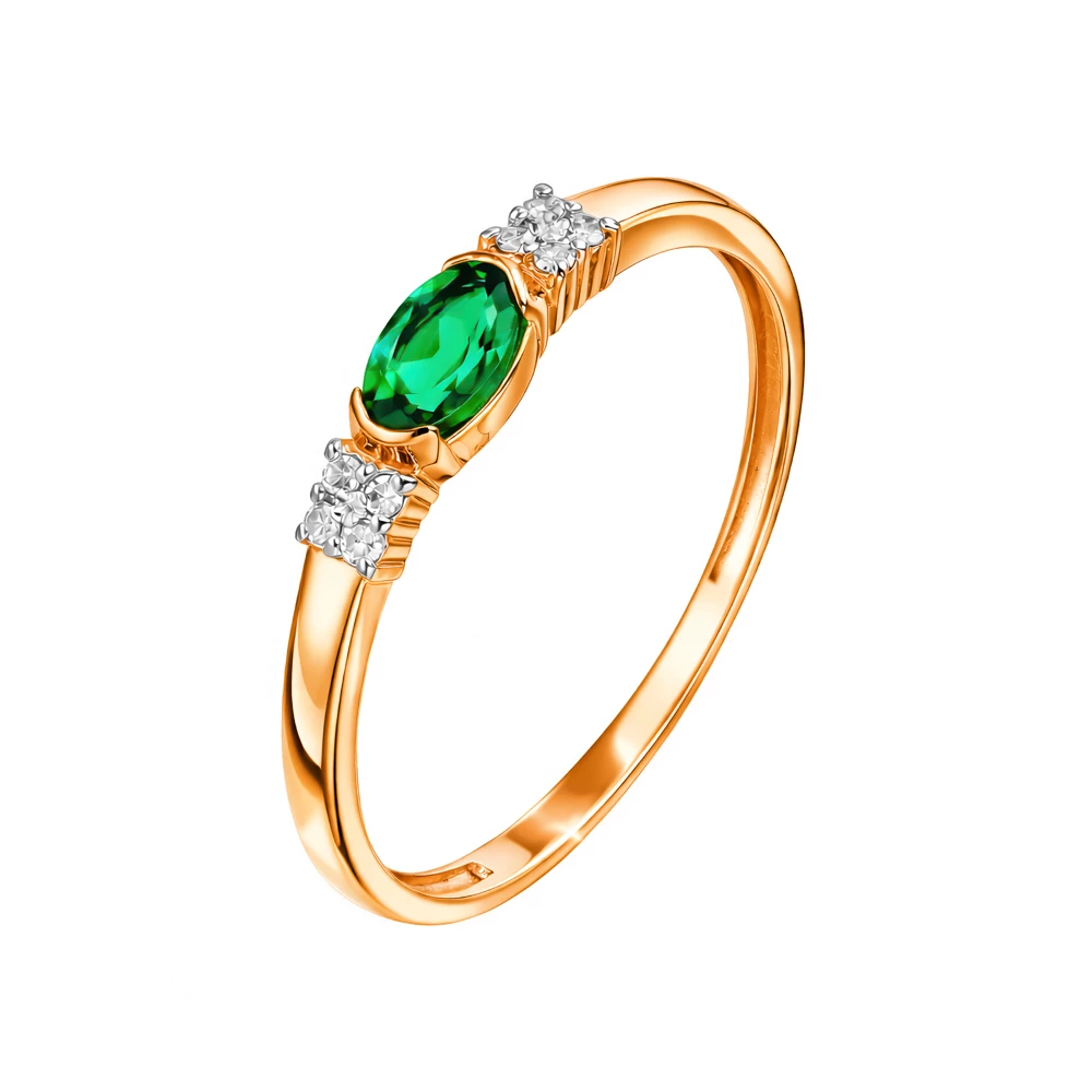 Кольцо с изумрудом синтетическим и бриллиантами из красного золота 585 пробы