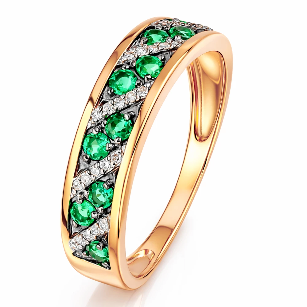 Кольцо с изумрудом синтетическим и бриллиантами из красного золота 585 пробы