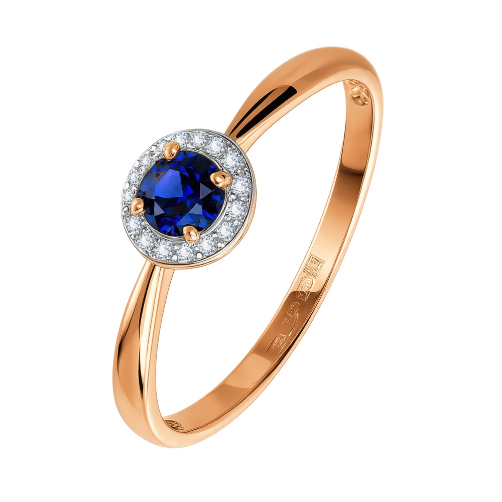 Кольцо с сапфиром синтетическим и бриллиантами из красного золота 585 пробы
